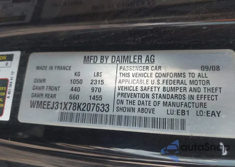 2008 Smart Fortwo Passion/Pure из США, поврежденный, VIN WMEEJ31X78K207633